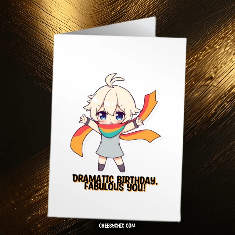 Funny Free Printable Birthday Card: Character in Dramatic Pose with Flowing Rainbow Scarf