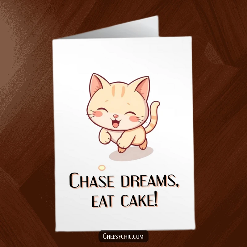 Funny Free Printable Birthday Card: A cat zips across the floor chasing a red laser dot, celebrating a birthday.
