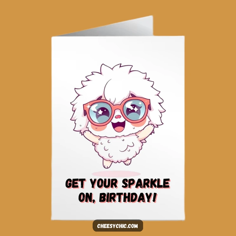 Free Printable Birthday Card: Fluffy Character with Sparkly Glasses - Funny Downloadable Gift