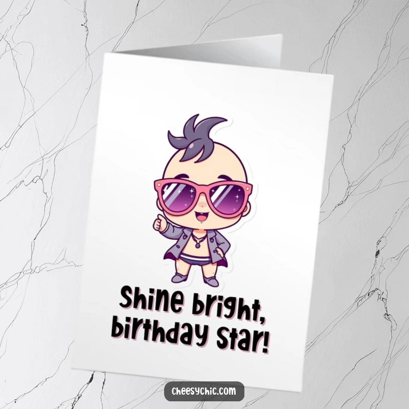 Funny free printable birthday card shows a stylized character in huge sparkly sunglasses, looking super cool and ready to celebrate.