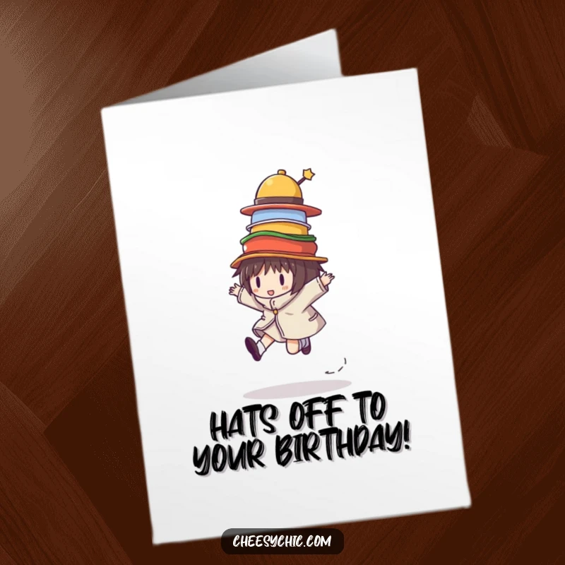 Funny Free Printable Birthday Card: A gleeful character skips along, juggling a tall stack of colorful hats.