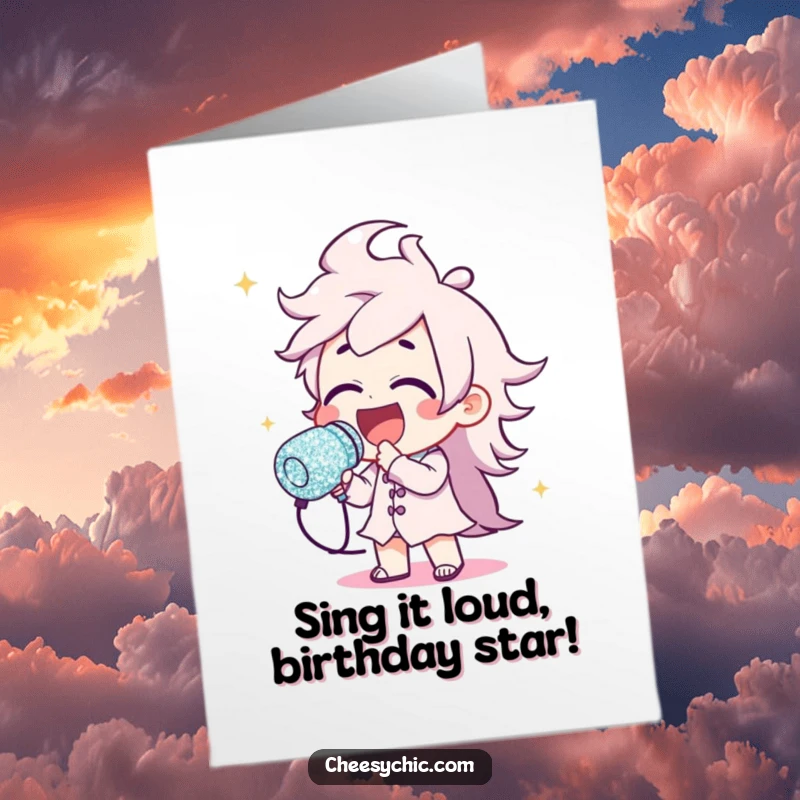 Funny Free Printable Birthday Card: Character belts a tune into a huge glitter microphone, ready to rock the party.