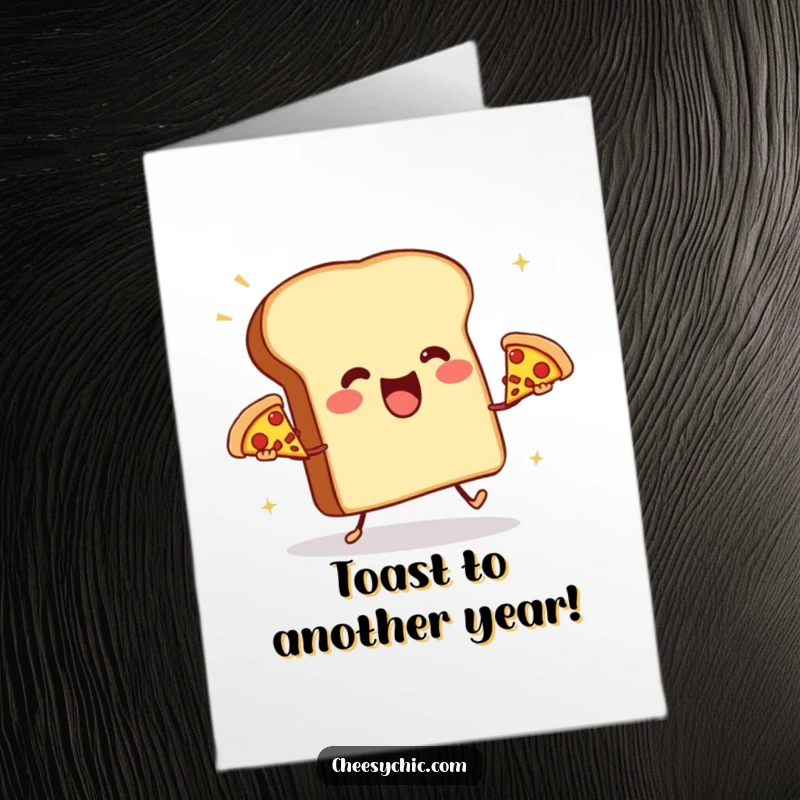 Funny Free Printable Birthday Card: Anthropomorphic toast aggressively juggles three miniature pizzas, celebrating a birthday with zest.