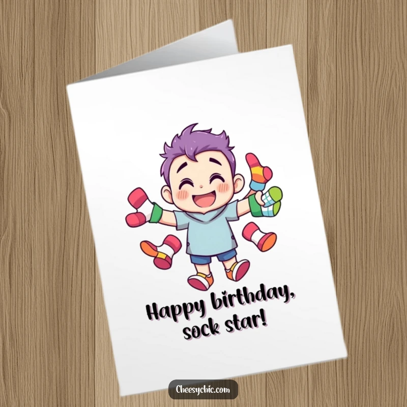 Funny Free Printable Birthday Card: Character Grinning While Juggling Mismatched Colorful Socks