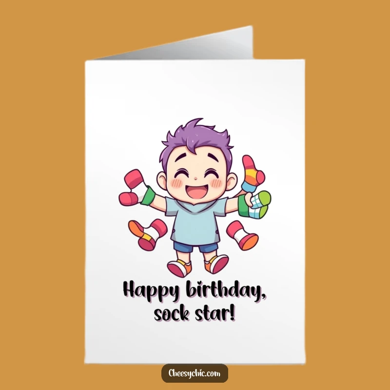 Free Printable Birthday Card: Sock Juggling Character, Grinning, Funny Digital Download
