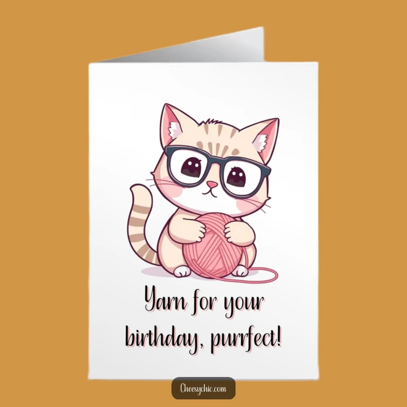 Free Printable Birthday Card: Thoughtful Cat with Yarn, Funny Downloadable Gift