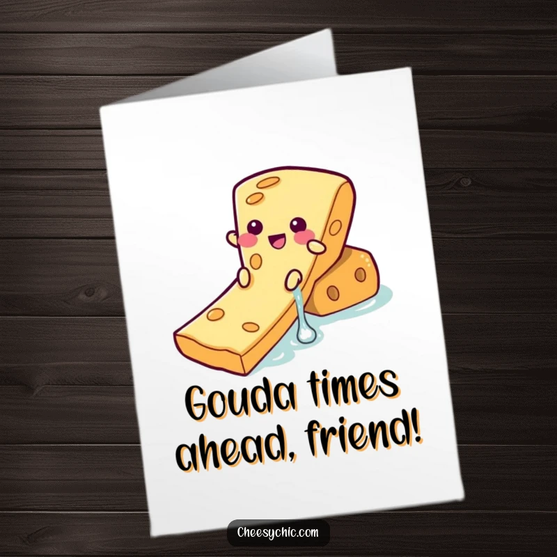 Funny Free Printable Birthday Card: Playful cheese character joyfully sliding down a cracker waterslide, sending birthday wishes.