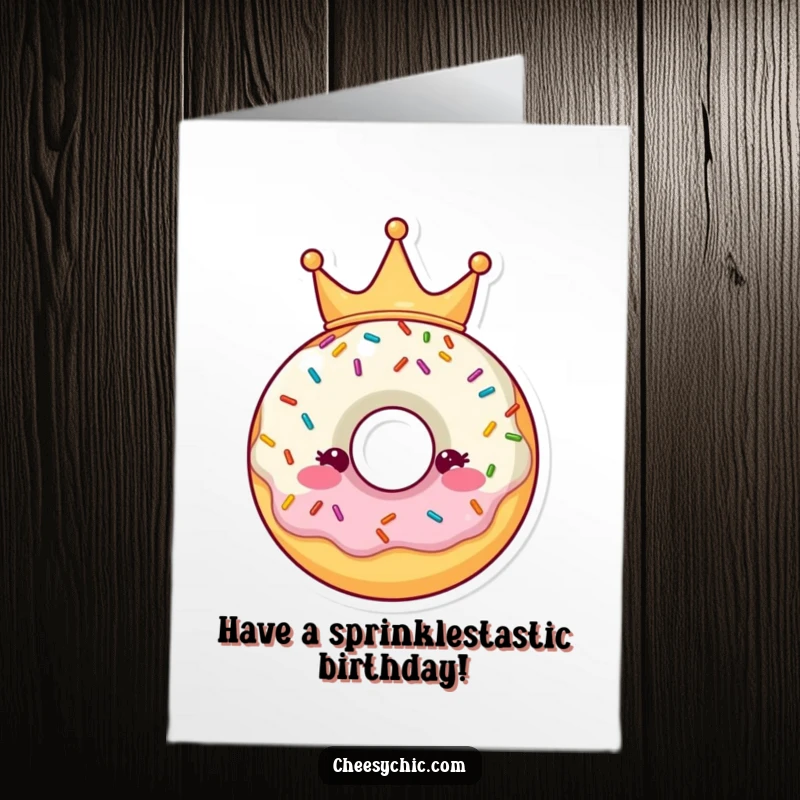 Funny Free Printable Birthday Card: Whimsical donut character proudly wearing a colorful sprinkle crown, wishing a happy birthday.