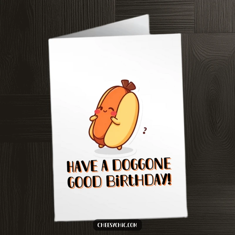 Funny Free Printable Birthday Card: Dizzy hot dog character spinning excitedly on its bun, celebrating a birthday.