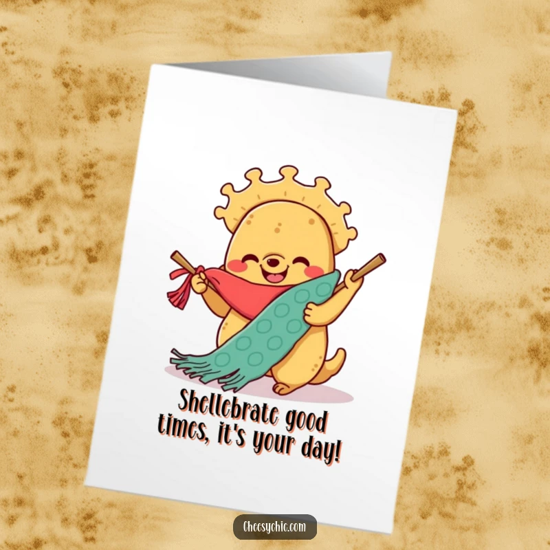Funny Free Printable Birthday Card: A smiling taco joyfully knitting a very long, colorful scarf.