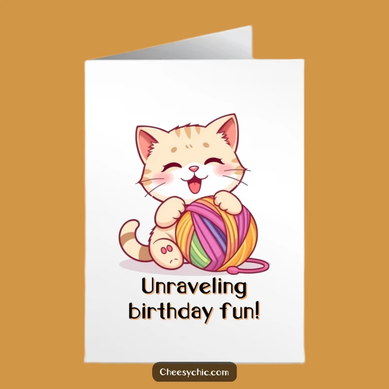 Free Printable Playful Cat Birthday Card: Yarn Fun - Downloadable Happy Gift