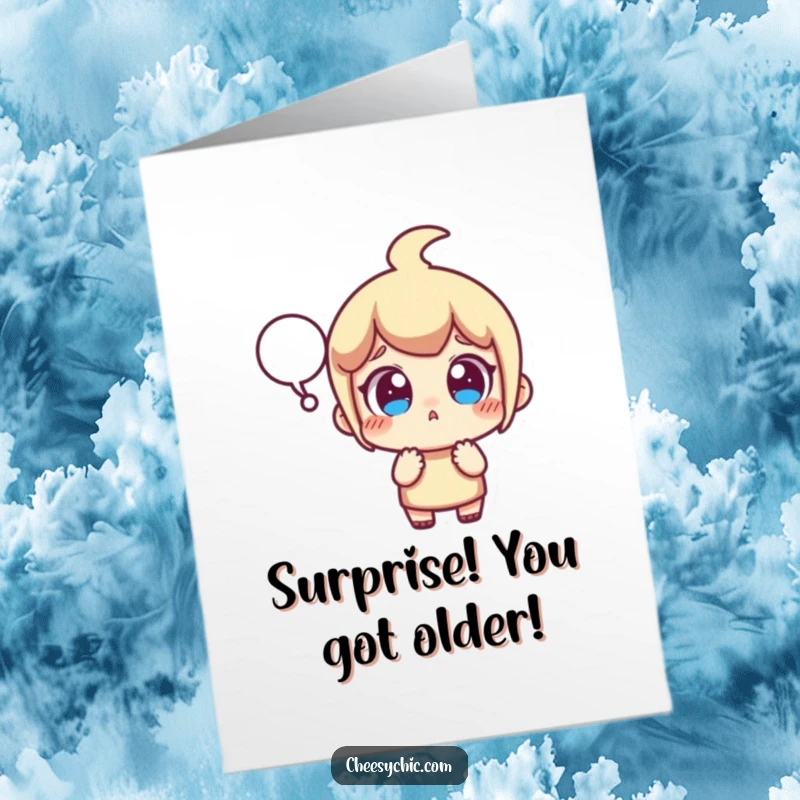 Funny Free Printable Birthday Card: Stylized character's eyes wide in shock, speech bubble pops with surprise.