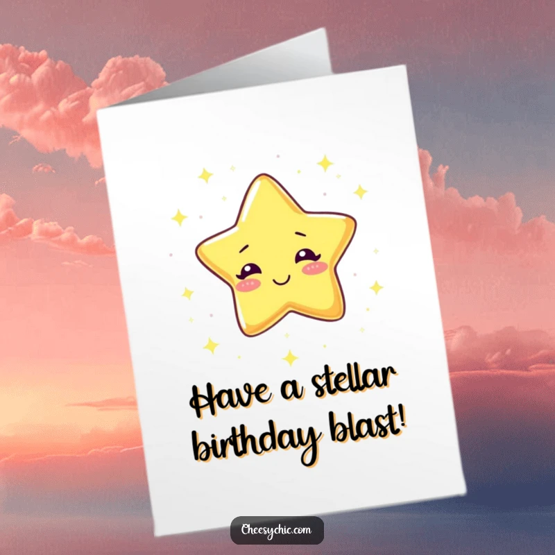 Funny free printable birthday card: A giggling star joyfully raining down a cascade of tiny, shimmering sparkles.