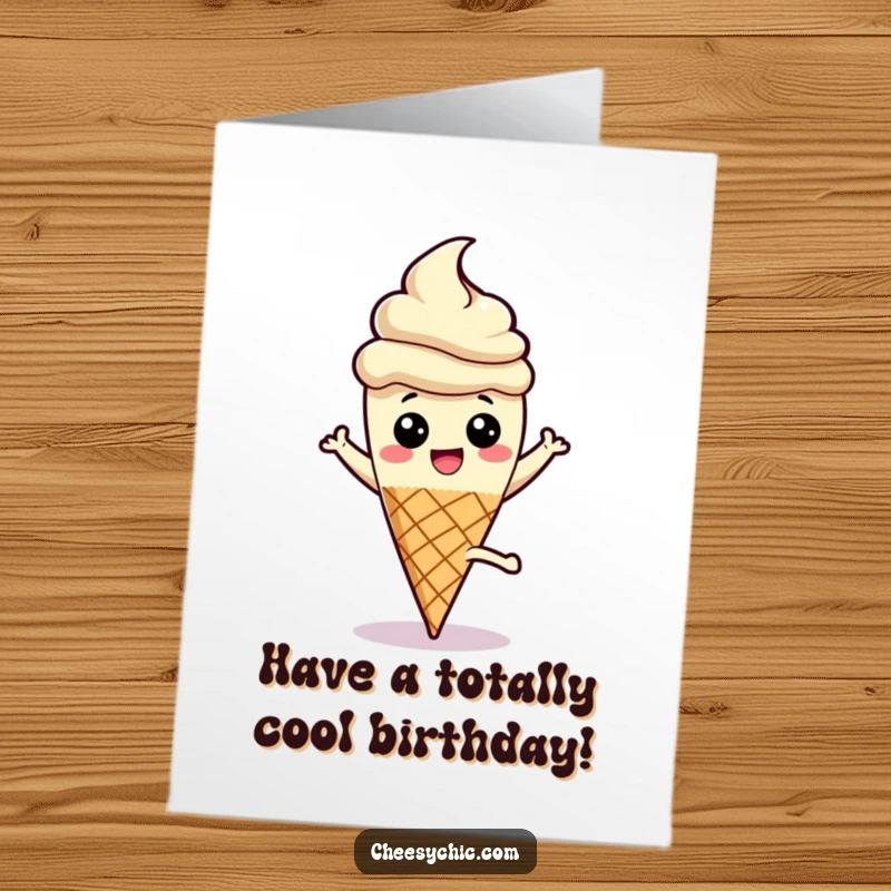 Funny Free Printable Birthday Card: A cheerful ice cream cone character performing a cartwheel with its stick pointing up, full of excitement.