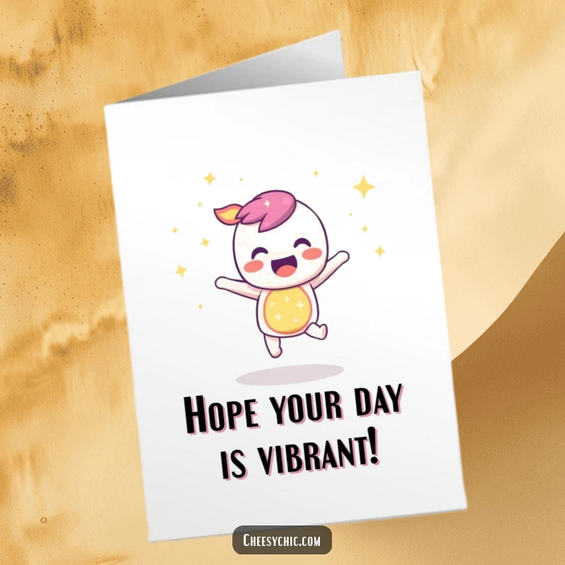 Funny Free Printable Birthday Card: A sparkly rainbow character bouncing with pure, infectious joy, radiating happiness and good vibes.