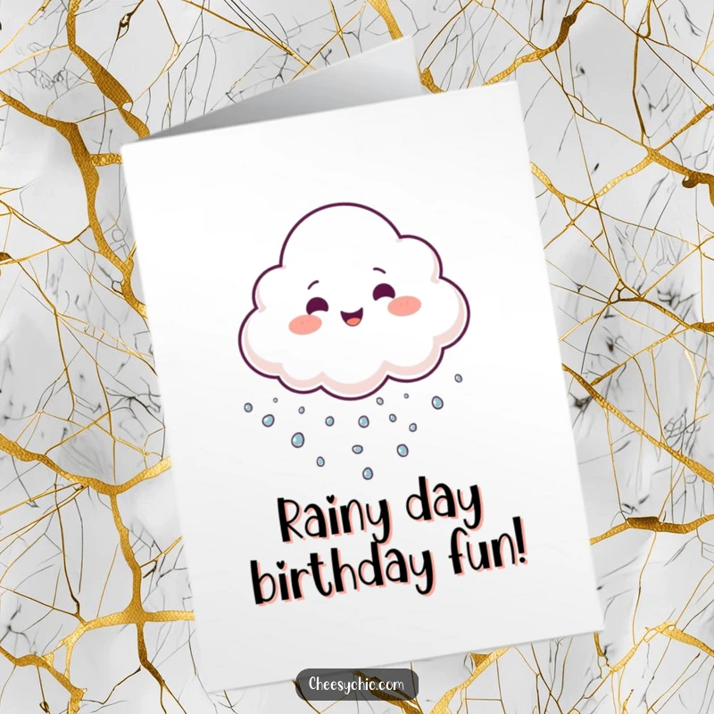 Funny free printable birthday card: A cheerful cloud playfully juggling tiny, sparkling water droplets with a big smile.