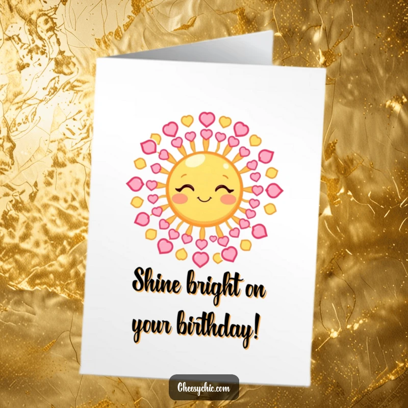 Funny free printable birthday card: A winking sun with cheerful rays formed from tiny red hearts, radiating warmth.