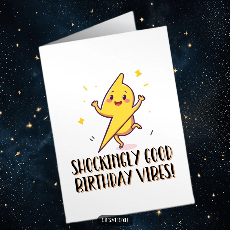 Funny free printable birthday card: A happy lightning bolt mid-cartwheel, radiating pure birthday excitement and energy.