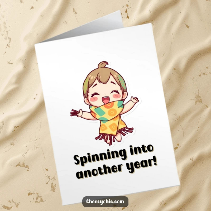 Funny Free Printable Birthday Card: Character in a bright scarf spins gleefully, radiating pure birthday excitement.