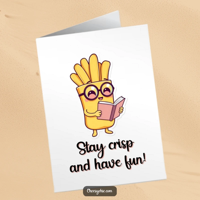 Funny Free Printable Birthday Card: A charming french fry in a monocle engrossed in reading a tiny book.
