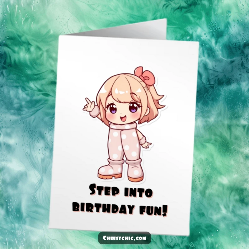 Funny Free Printable Birthday Card: A character beams, striking a fun pose in enormous, vibrant polka dot boots.