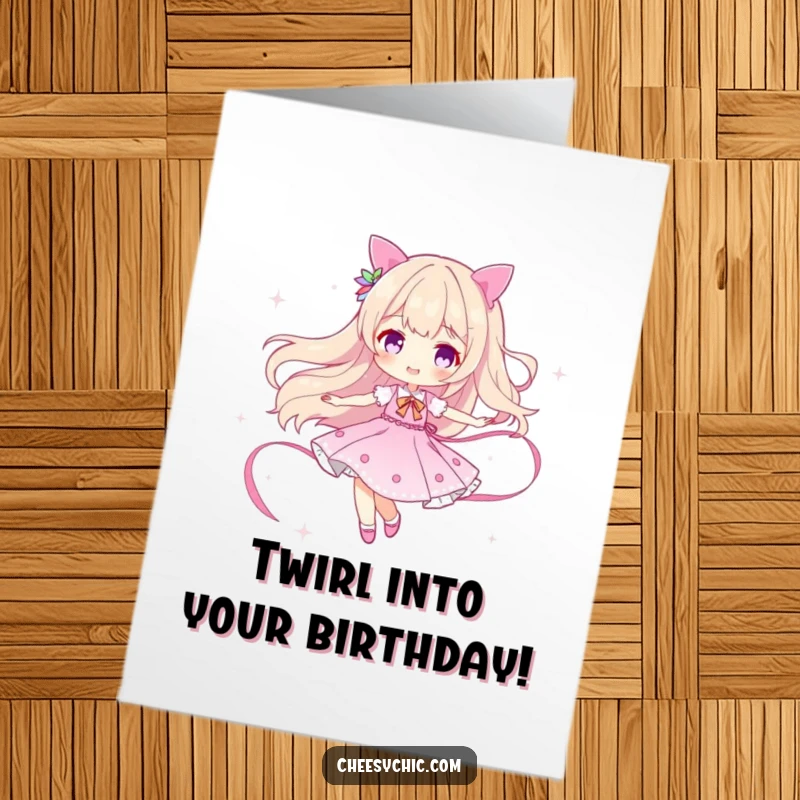 Funny Free Printable Birthday Card: A delightful character spins gracefully, leaving a trail of shimmering sparkle.