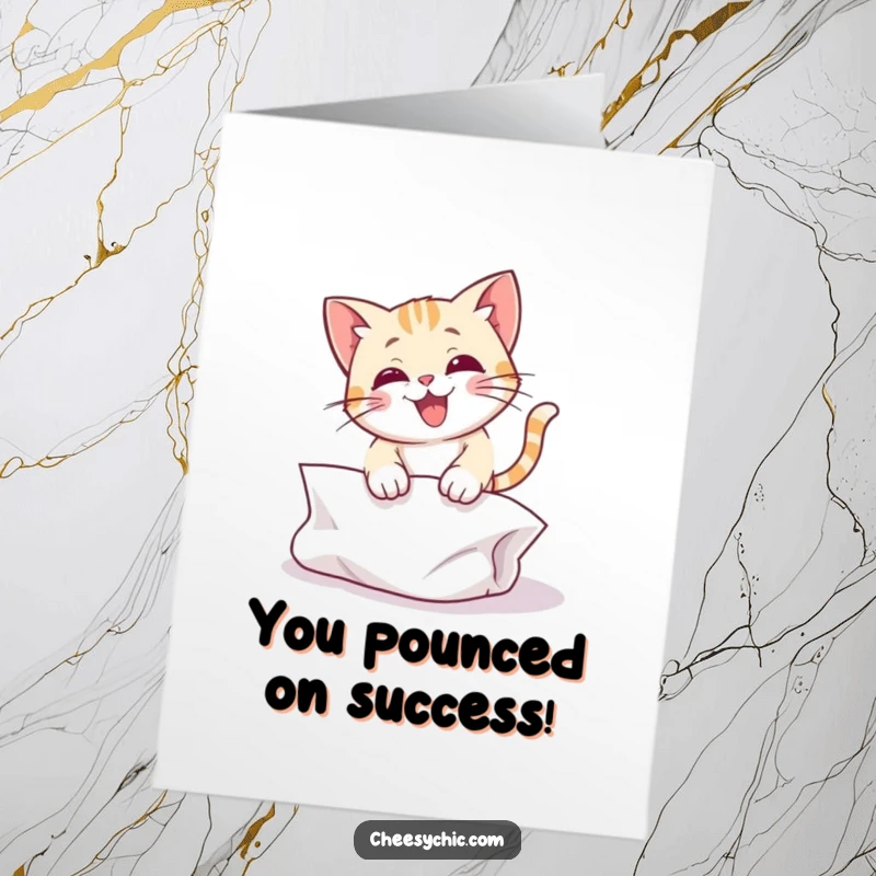 Funny Free Printable Congratulations Card: Cat triumphantly pouncing on crumpled paper, celebrating a win.