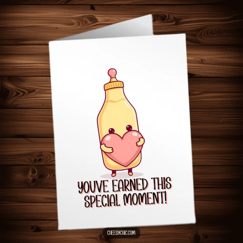 Funny Free Printable Congratulations Card showing a happy condiment bottle squeezing a big heart, ideal for any achievement.