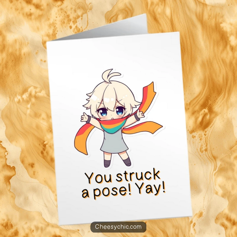 Funny Free Printable Congratulations Card: Character Striking Dramatic Pose with Flowing Rainbow Scarf