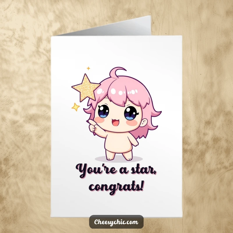 Funny Free Printable Congrats Card: Amused character enthusiastically gestures towards a huge, shimmering star.