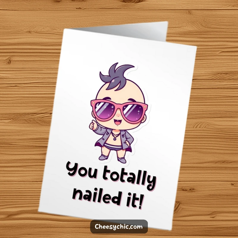 Funny free printable congratulations card features a stylized character sporting oversized sparkly sunglasses with an air of cool confidence.