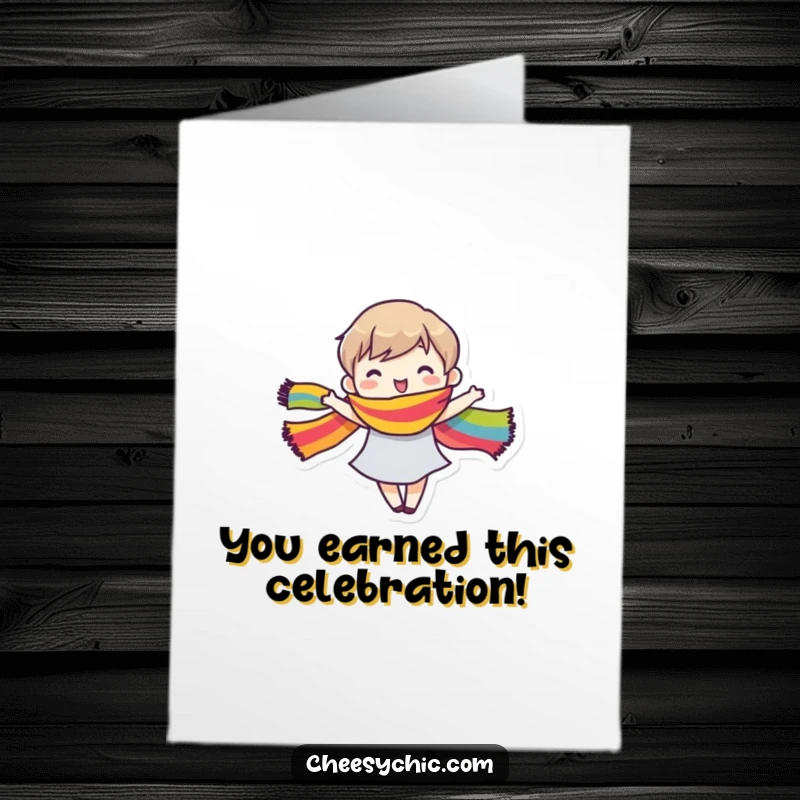 Funny free printable congratulations card depicts a stylized character dancing joyfully, a vibrant rainbow scarf trailing behind.