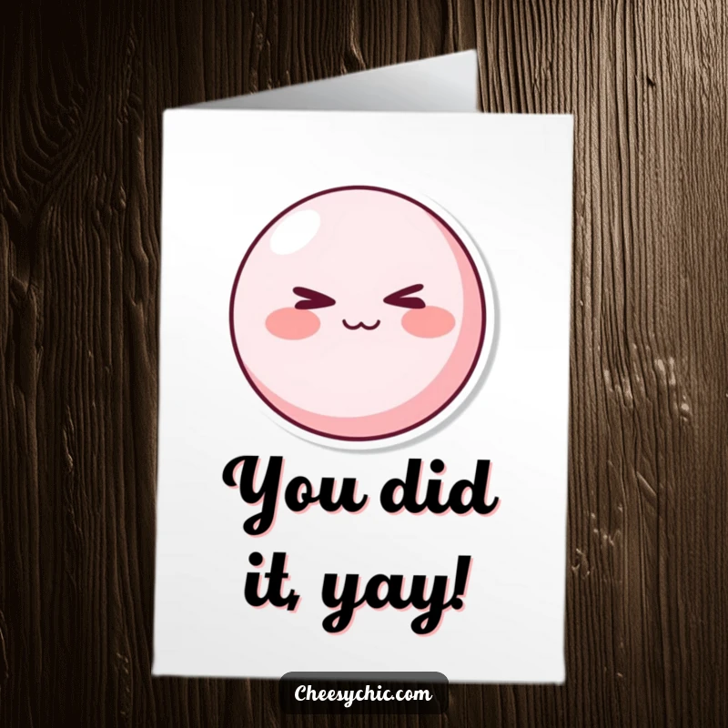 Funny Free Printable Congratulations Card: A rosy-cheeked pink character giving a mischievous wink to celebrate success.