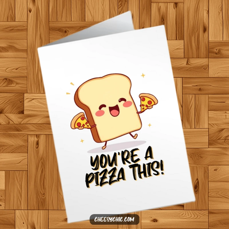 Funny Free Printable Congratulations Card: Anthropomorphic toast aggressively juggles three miniature pizzas, celebrating a great success.