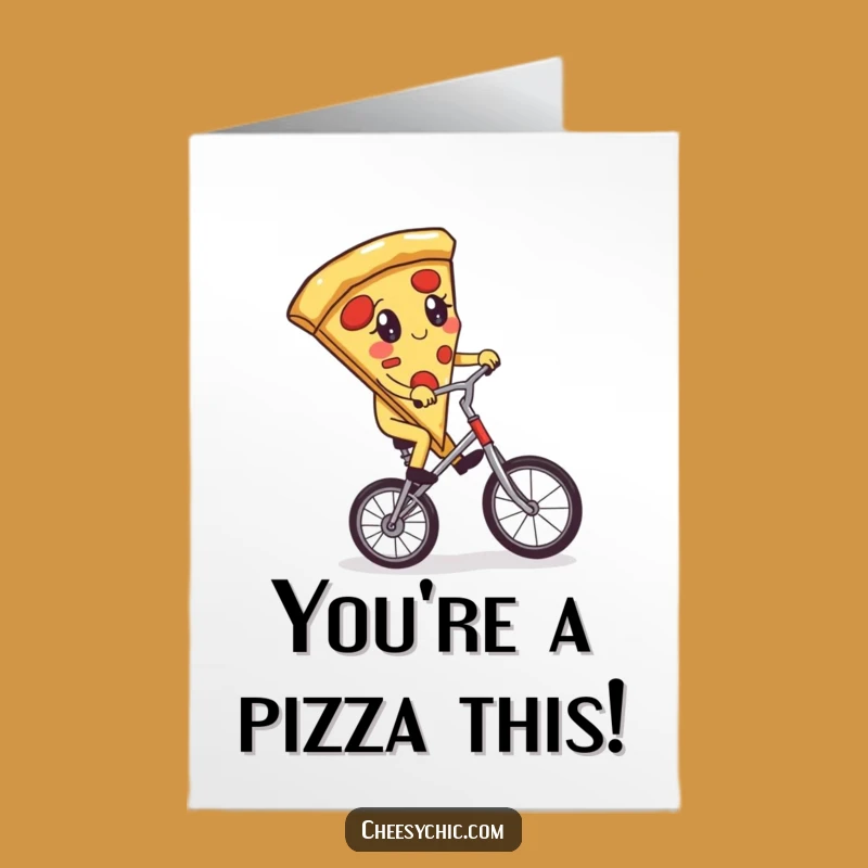 Free Printable Congratulations Card: Pizza Unicyclist - Balancing Success! Funny Food Card