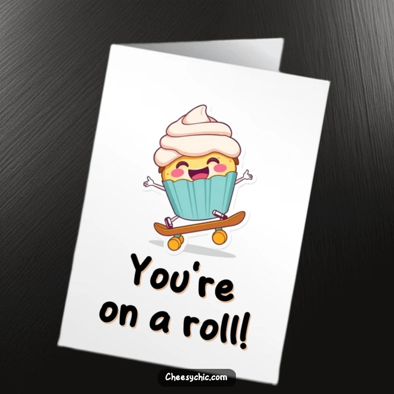 Funny Free Printable Card: A cupcake comically falling off a tiny skateboard, celebrating your big win.