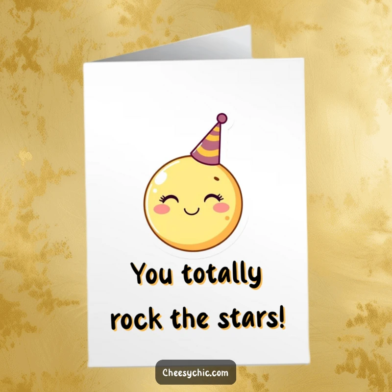 Funny free printable congratulations card: Smiling moon with a party hat cheering for a big success, raining confetti.