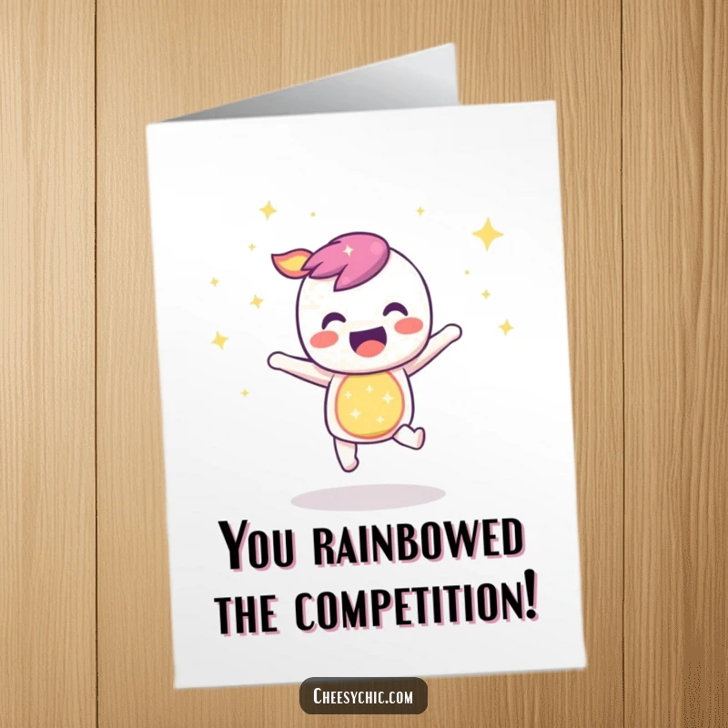 Funny Free Printable Congratulations Card: A sparkly rainbow character bouncing with infectious joy, celebrating success with vibrant energy.