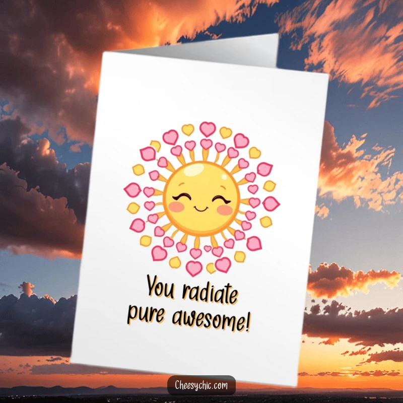 Funny free printable congratulations card: A winking sun with heart-shaped rays sending bright, warm wishes for success.