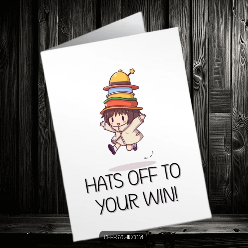 Funny Free Printable Congrats Card: A cheerful character skips joyfully, balancing a comical pile of vibrant hats.