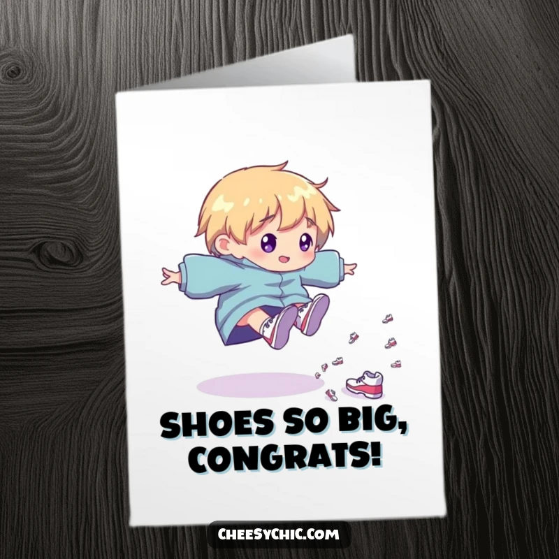 Funny free printable congrats card showing a character tripping amidst a shower of tiny shoes, celebrating success.