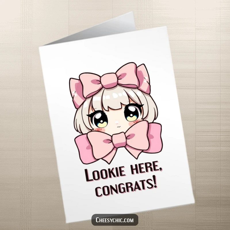 Funny Free Printable Congrats Card: Character peeks from behind a giant sparkly bow, eyes wide with joyful surprise.