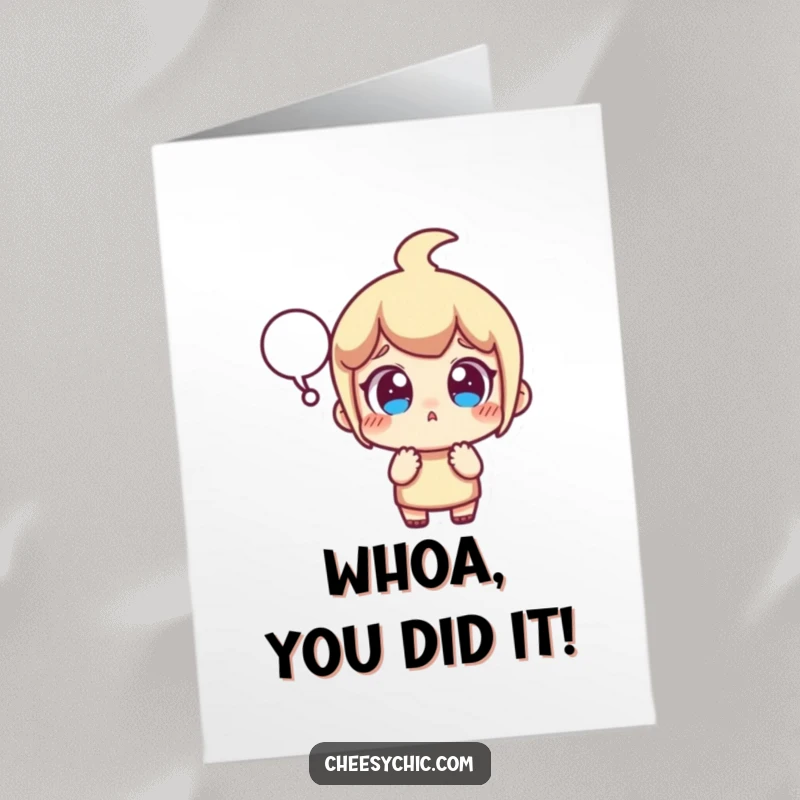 Funny Free Printable Congratulations Card: Stylized character shows wide-eyed astonishment, speech bubble announces exciting news.