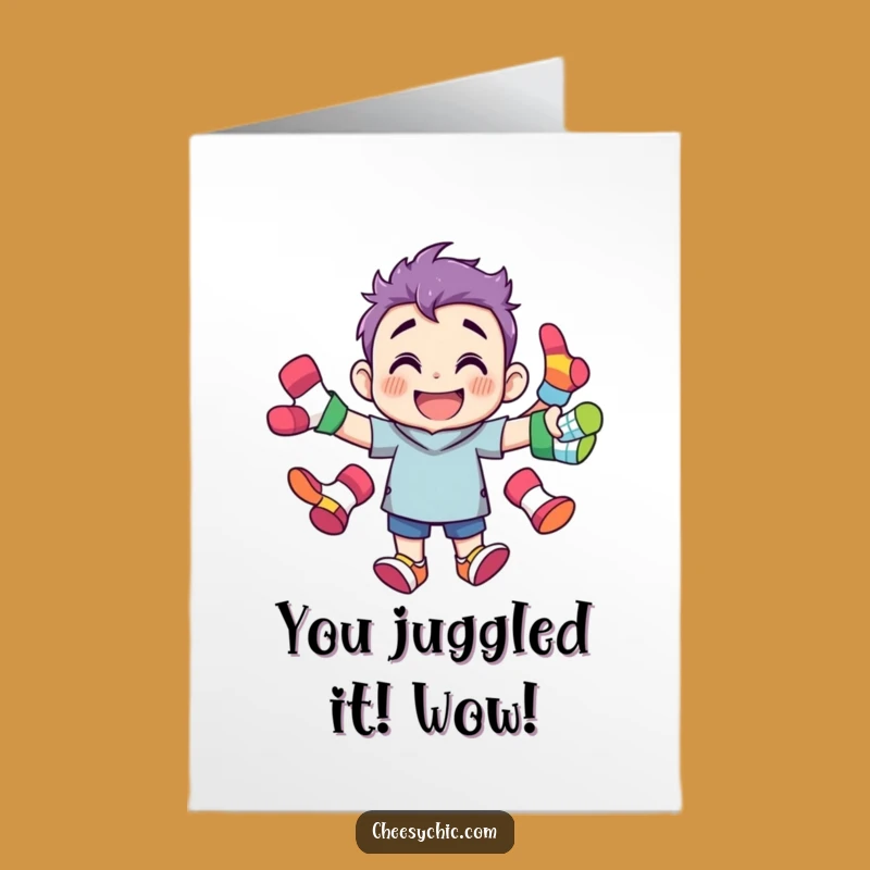 Free Printable Congrats Card: Sock Juggler Character, Grinning, Funny Downloadable