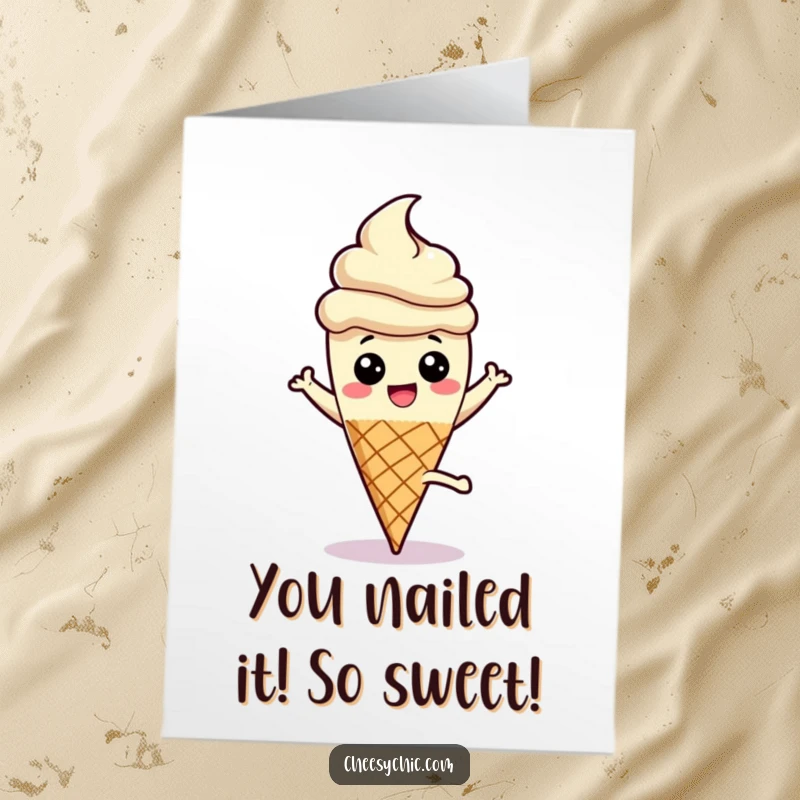 Funny Free Printable Congratulations Card: An energetic ice cream cone character doing a cartwheel, celebrating a sweet accomplishment with flair.