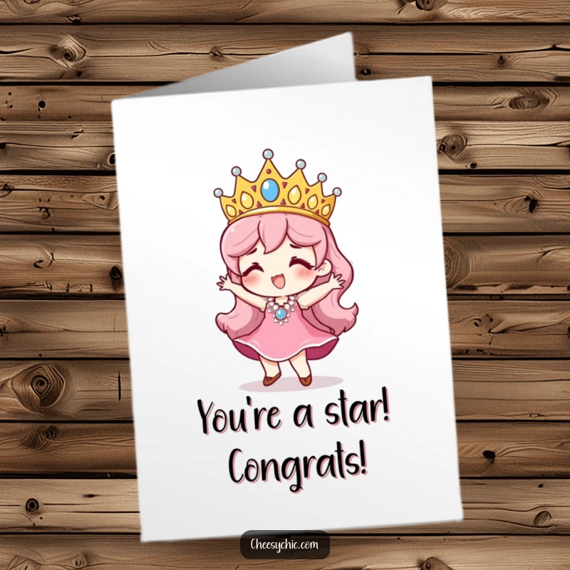 Funny Free Printable Congratulations Card: Character in a comically large sequined tiara dancing with pure joy.