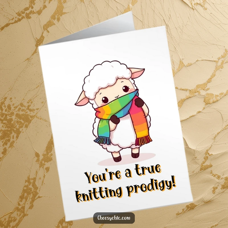 Funny Free Printable Congrats Card: Goofy sheep proudly displays its rainbow scarf knitting achievement with hooves.