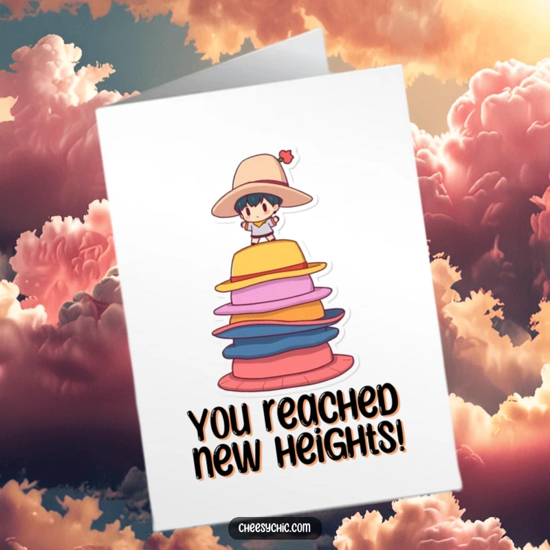 Funny free printable congratulations card features a stylized character struggling to balance on a tower of colorful, oversized hats.