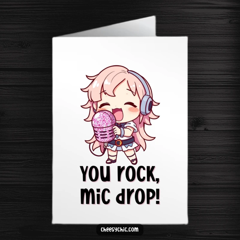 Funny free printable congrats card, a character holding a giant glitter microphone, singing loud and proud.