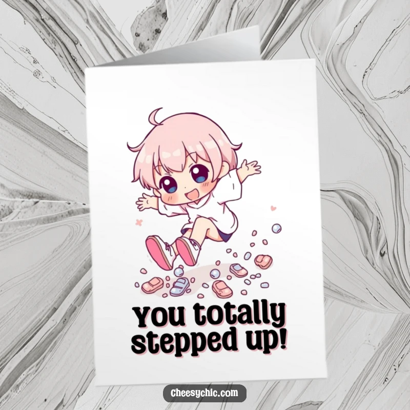 Funny Free Printable Congrats Card: Character playfully tripping, with a delightful cascade of tiny, shiny shoes.